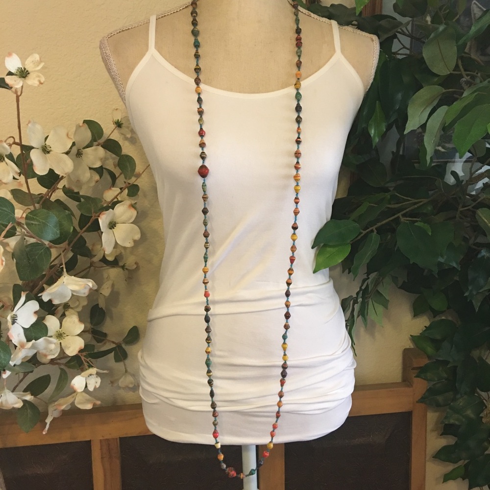 Hand crafted resin coated paper bead long necklace